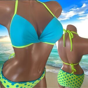 Women's Bikini l Blue & Neon Green Polka-Dotted lTwist-Front Design l L l EUC